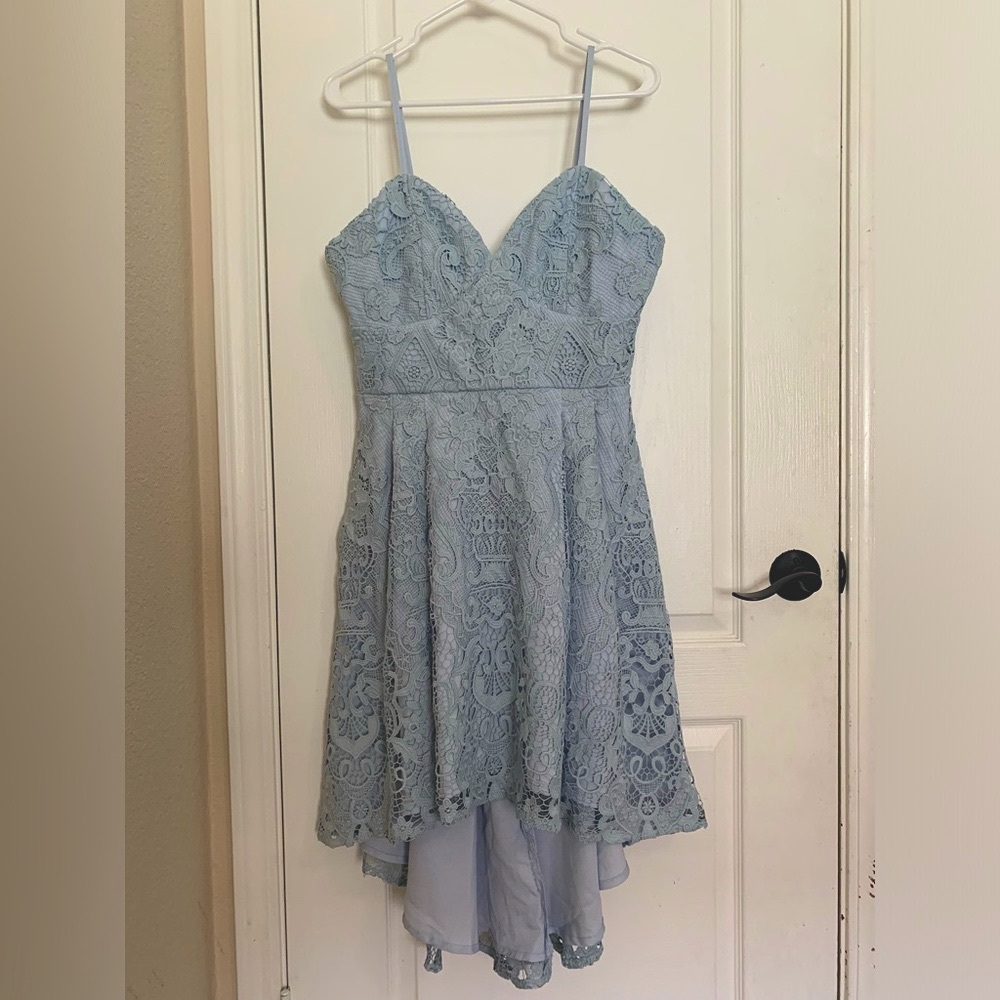 NWT Minuet Light Blue High Low Lace A Line Dress Adjustable Straps - Size Large - Picture 4 of 8